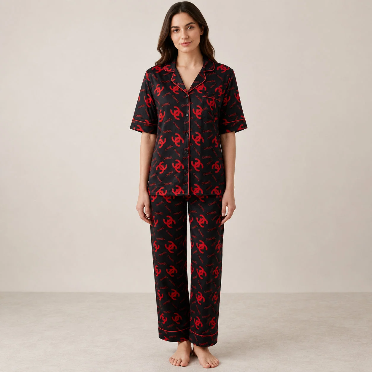 Black & Red Printed Night Suit Luxury Inspired, Soft & Comfortable (2-Piece Set) — photo 3