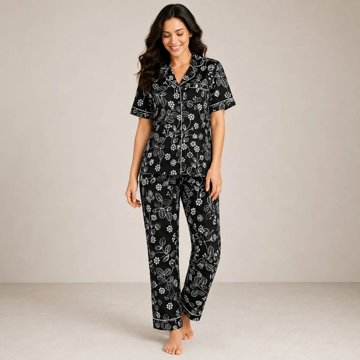 Black Floral Arabic Night Suit Soft, Elegant & Relaxed Fit (2-Piece Set) — photo 3