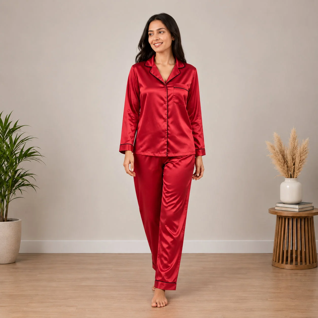 Red Silk Night Suit Luxury Satin, Soft & Elegant 2-Piece Set — photo 3