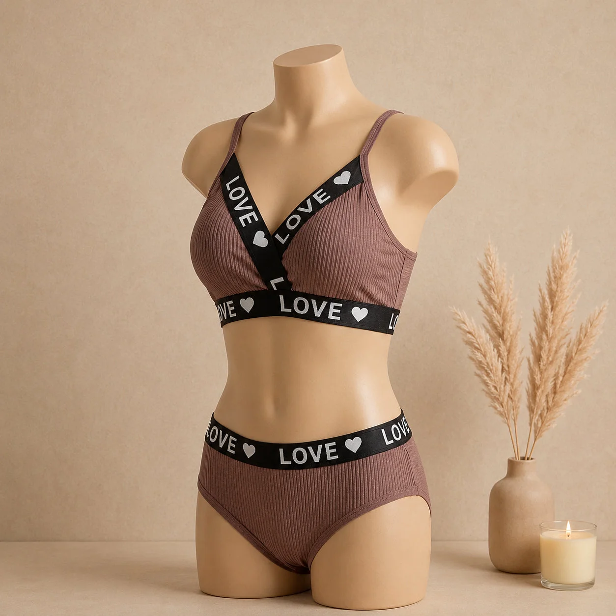Women's Ribbed Love Bralette & Panty Set – Soft Wireless Comfort Lingerie — photo 4
